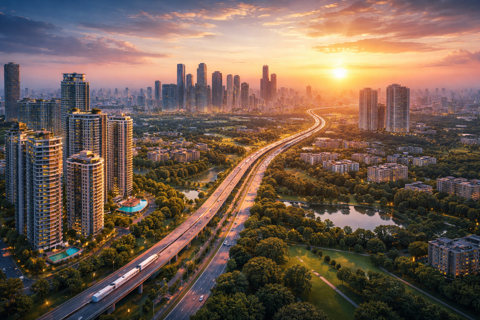 Aerial view of a modern Indian city at sunset